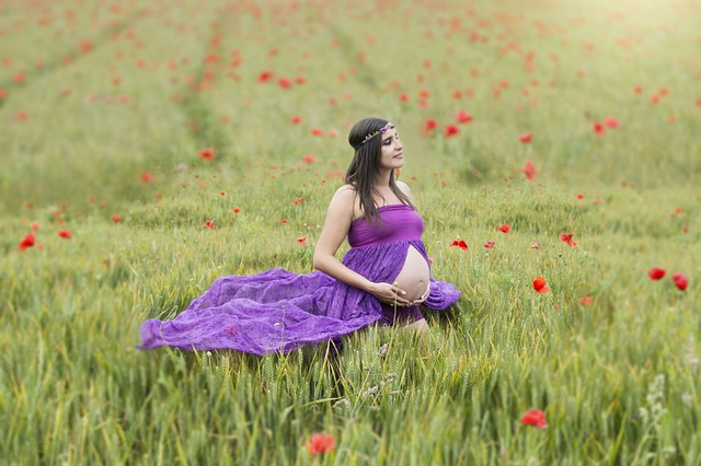 těhotná žena v poli máků